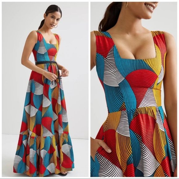 Anthro SIKA Geometric Tiered Maxi Dress Blue 4 - Picture 2 of 7